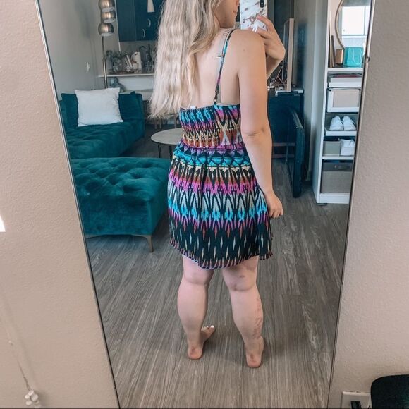 Forever 21 Smocked Back Rainbow Tribal Pattern Drop Waist Sundress Size M - Picture 4 of 8